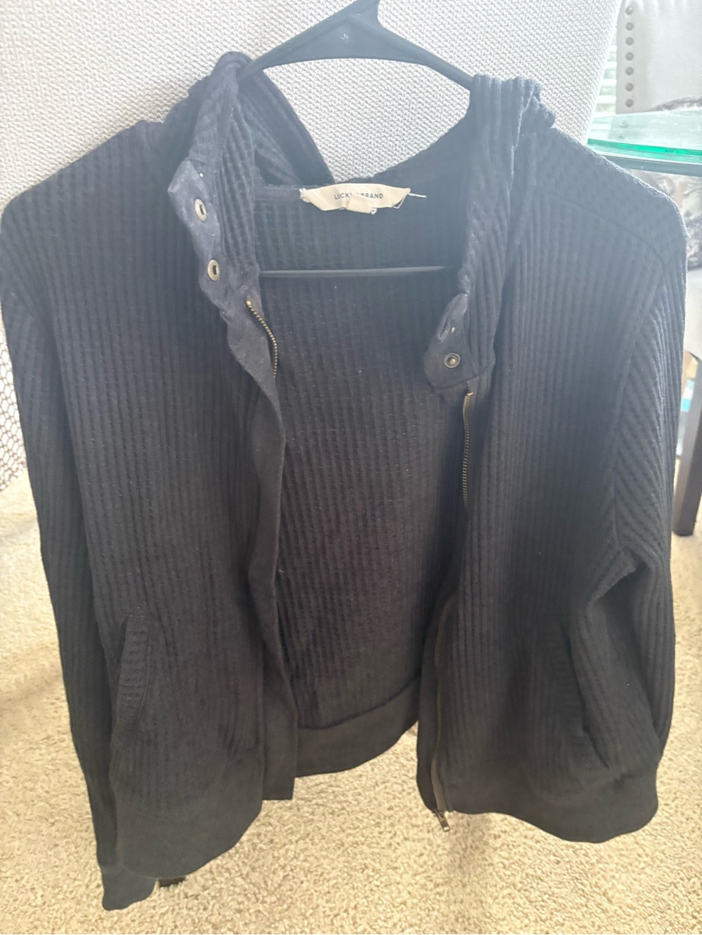 Lucky Brand Black Ribbed Hoodie Cardigan